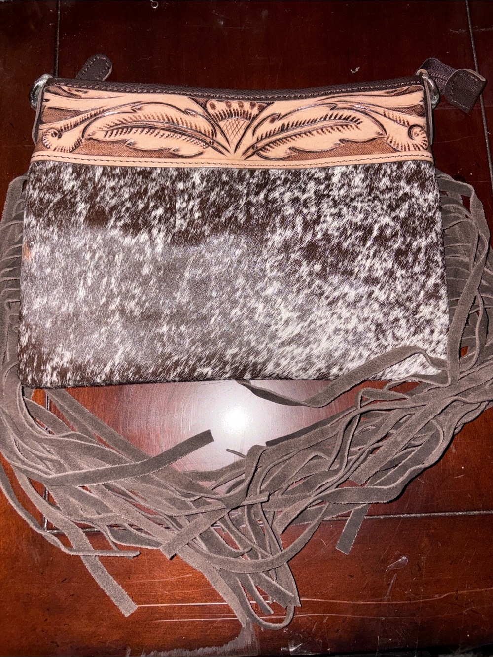Cowhide Fringe Crossbody Bag with Tooled Leather Trim - Brown & White